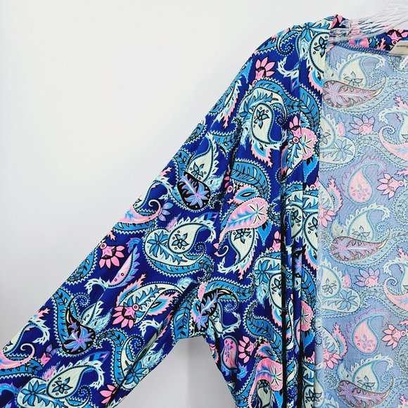 Bobbie Brooks Sleepwear Short Robe L Blue Pink Paisley Print Soft Tie Waist New - Picture 3 of 14